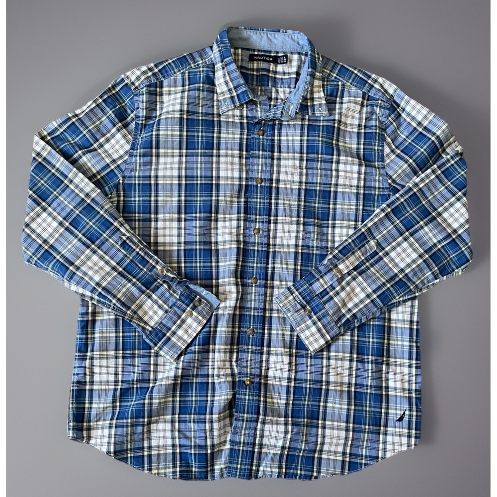 Nautica Long Sleeve Button Down Shirt Multicolor Blue Tartan Plaid Logo XL JBHS